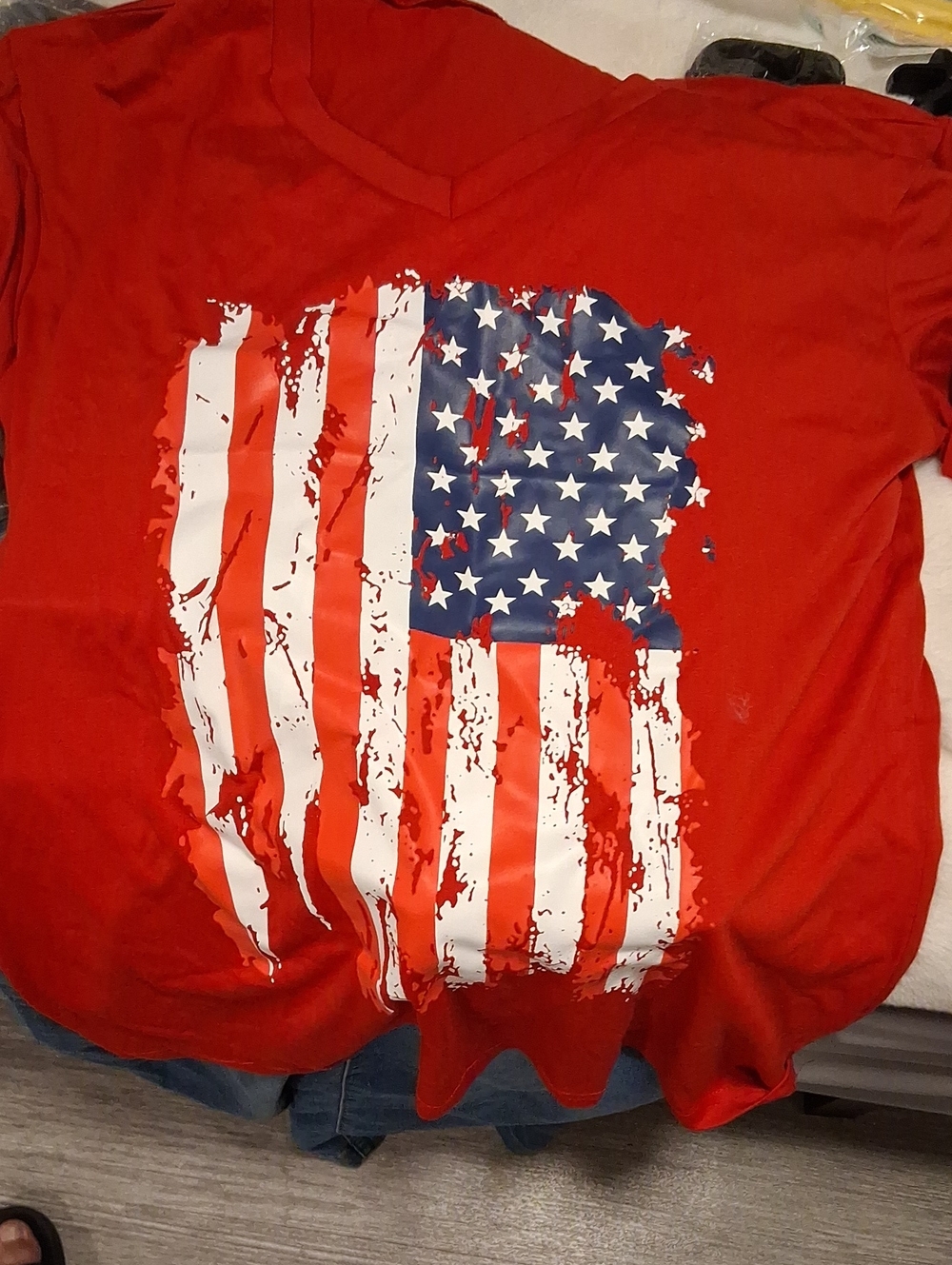 Red Kids' V-Neck Tee with Distressed American Flag Print